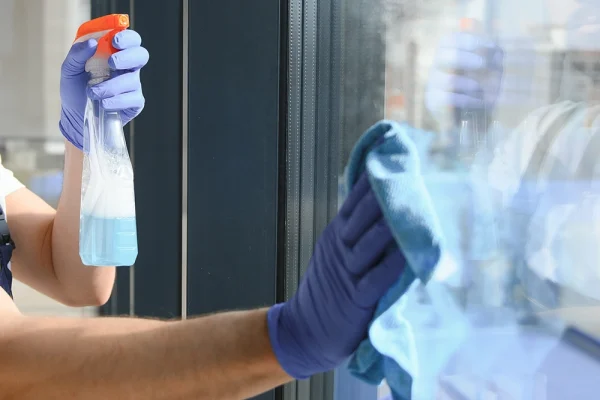 Ein Mitarbeiter bei der professionellen Fensterreinigung für streifenfreie Fenster