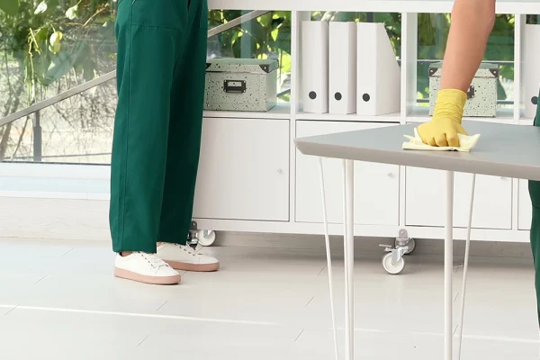 Zwei Mitarbeiter:innen bei der professionellen Unterhaltsreinigung im Wohnbereich